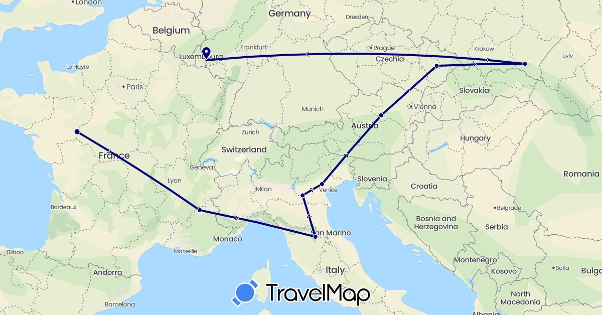 TravelMap itinerary: driving in Austria, Czech Republic, France, Italy, Luxembourg, Poland (Europe)